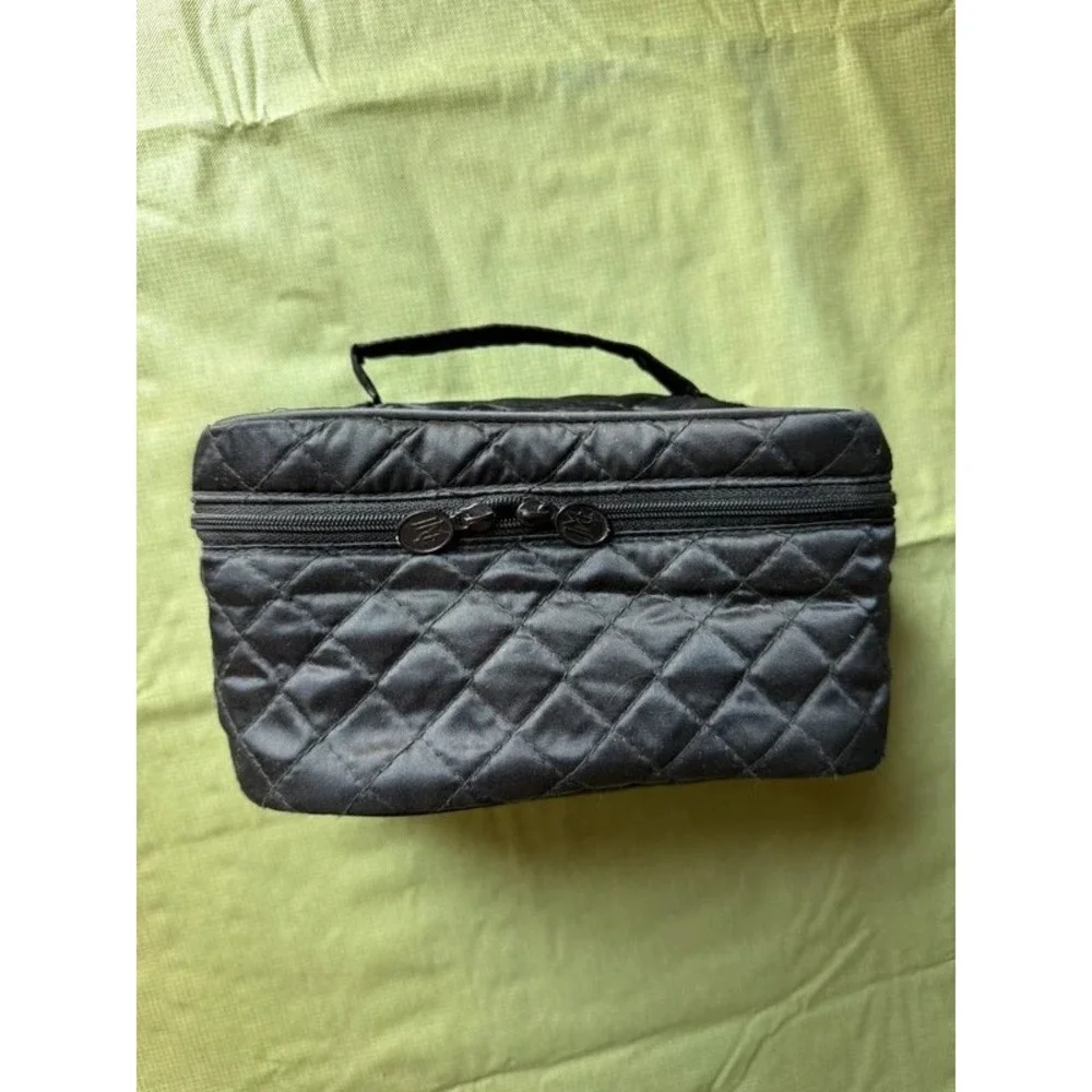 Jessica McClintock Black Quilted Vanity Cosmetic Bag Train Case Travel Pouch